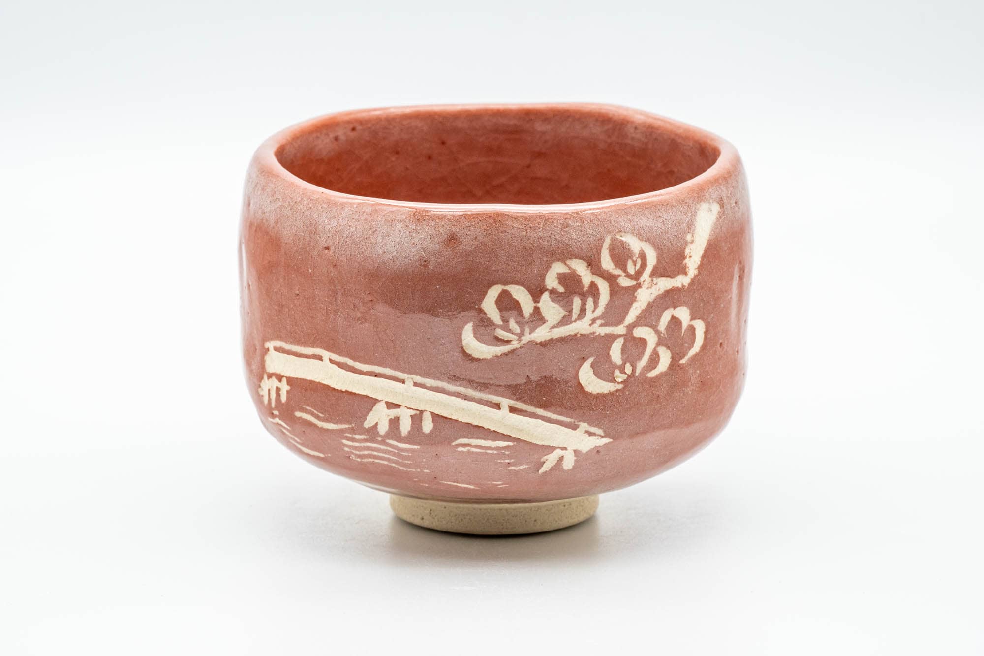 Japanese Matcha Bowl - Floral Aka-raku Red Raku Chawan - 400ml