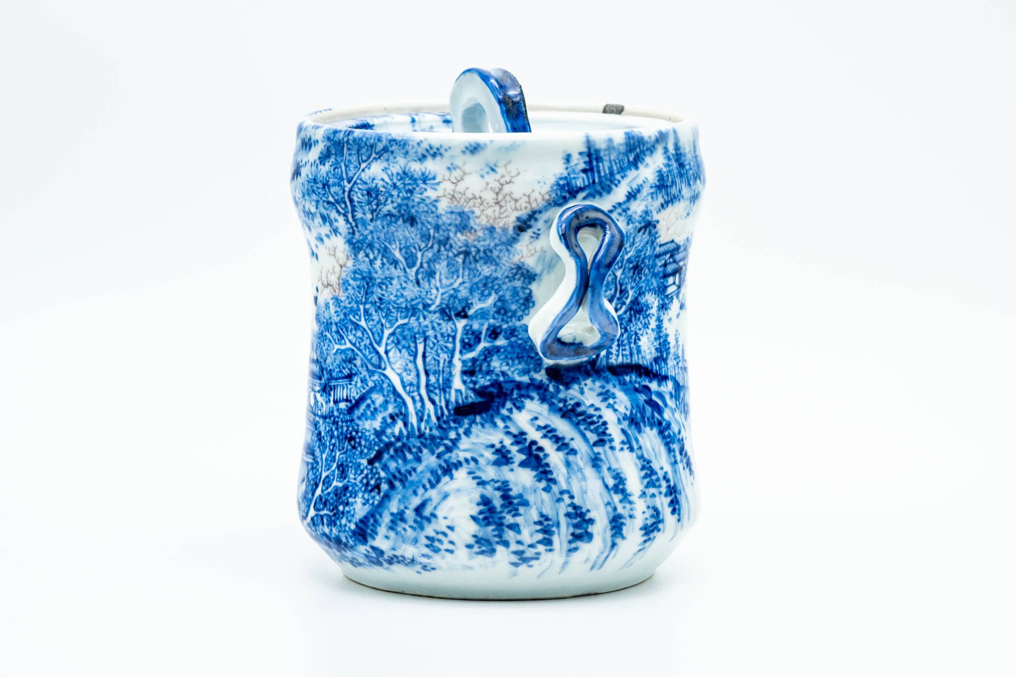 Japanese Mizusashi - Blue Kanji Mountainous Porcelain Fresh Water Container - 1100ml