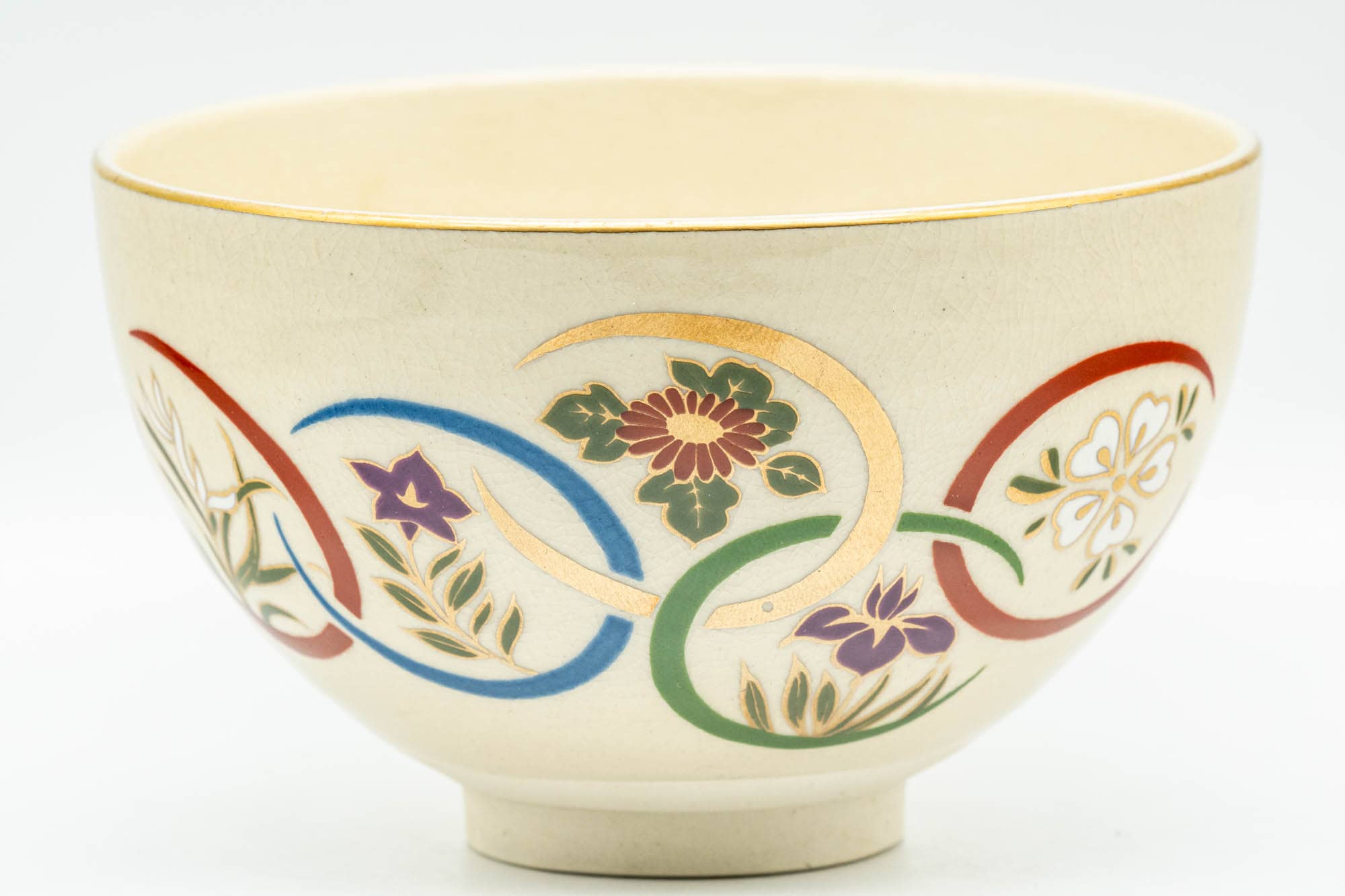 Japanese Matcha Bowl - Floral Geometric Multi-coloured Kyo-yaki Chawan - 300ml