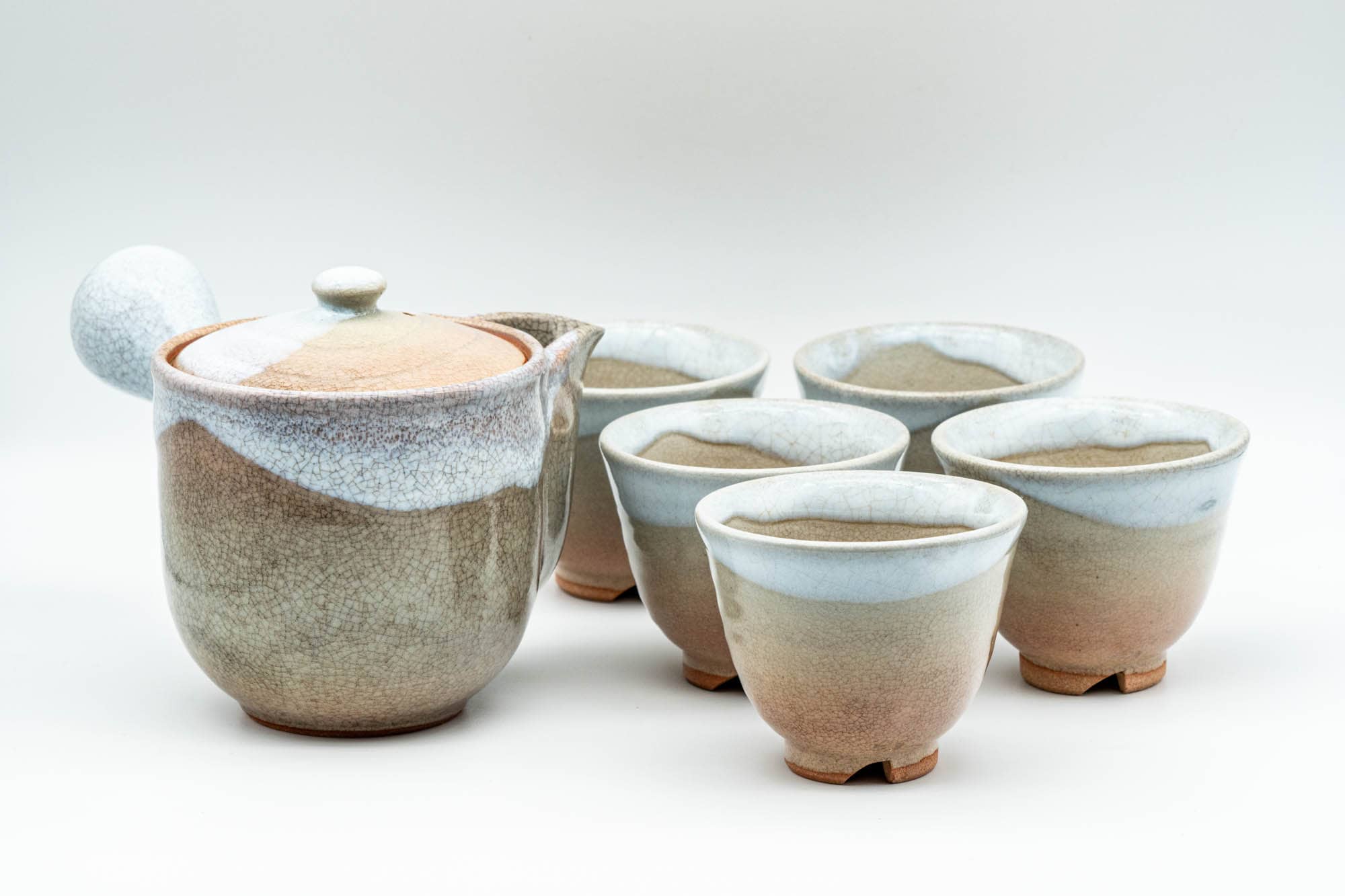 Japanese Tea Set - Beige White Glazed Hagi-yaki Do-ake Kyusu Teapot with 5 Yunomi Teacups