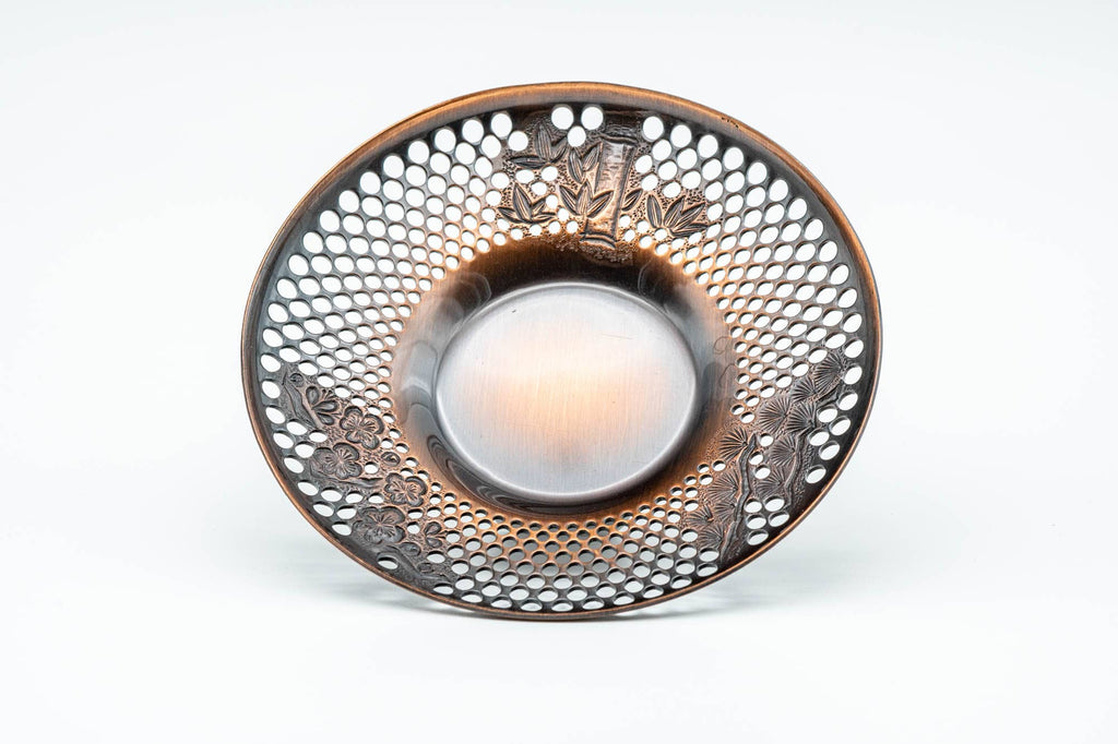 Japanese Chataku - Set of 5 Perforated Copper Matsu Take Ume Tea Saucers in Wooden Box