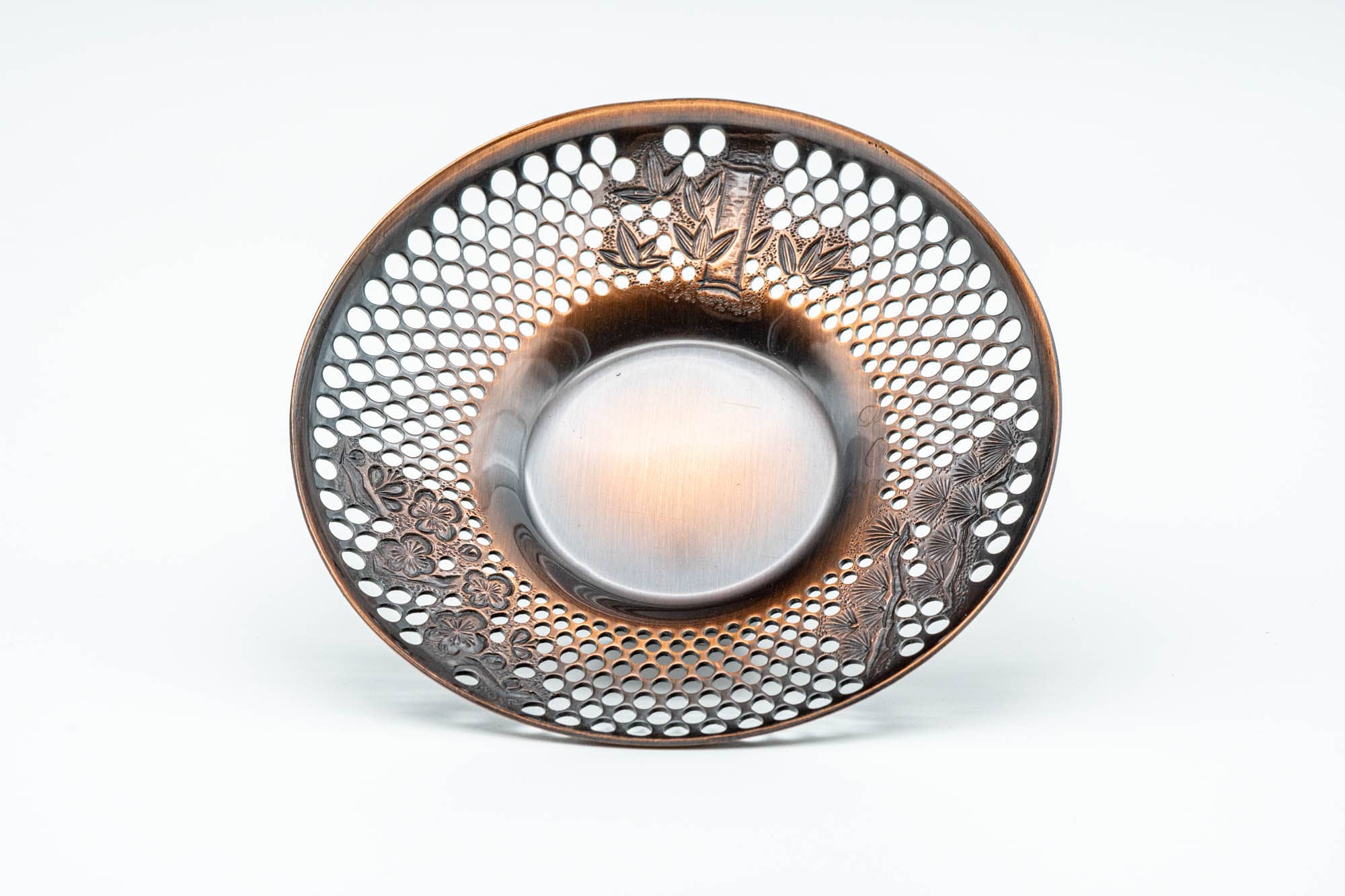Japanese Chataku - Set of 5 Perforated Copper Matsu Take Ume Tea Saucers in Wooden Box