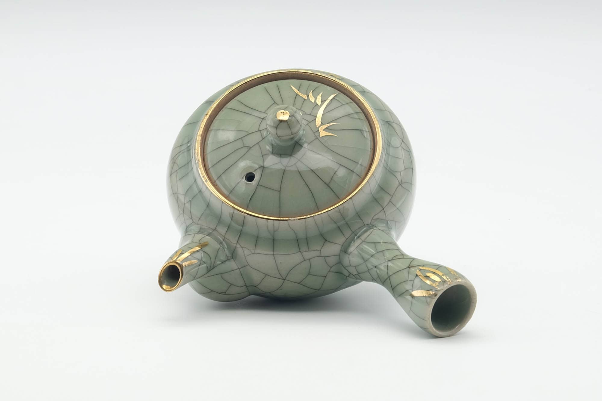 Japanese Kyusu - Golden Horse Green Celadon Glazed Obori Soma-yaki Porcelain Teapot - 200ml