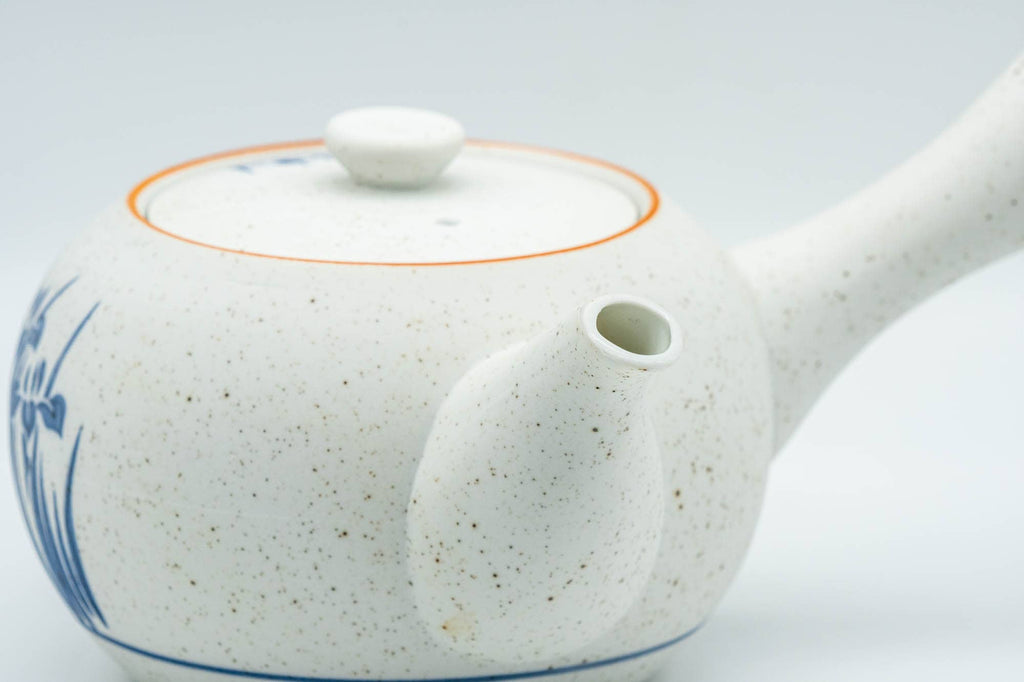 Japanese Tea Set - Blue Floral White Matte Glazed Arita-yaki Debeso Kyusu Teapot with 5 Yunomi Teacups