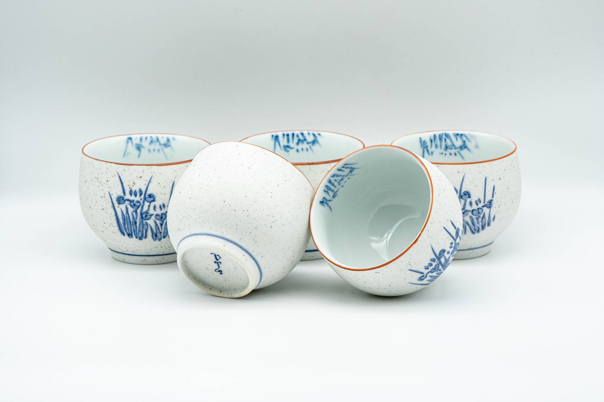 Japanese Tea Set - Blue Floral White Matte Glazed Arita-yaki Debeso Kyusu Teapot with 5 Yunomi Teacups