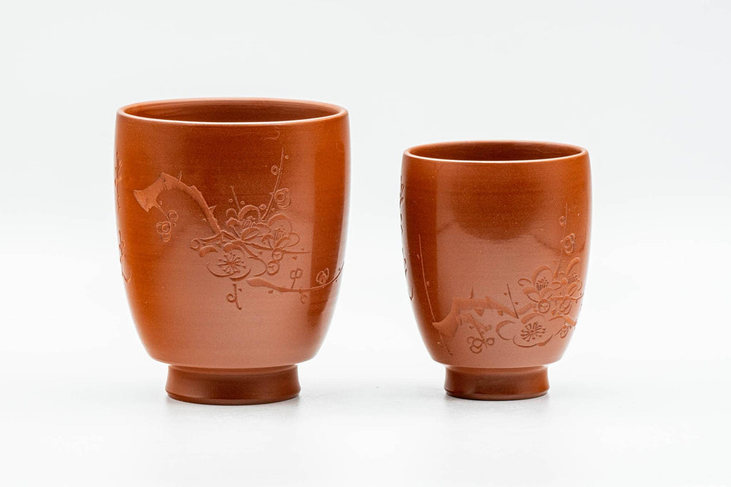 Japanese Teacups - Pair of Smooth Red Shudei Tokoname-yaki Meoto Yunomi with Wooden Box