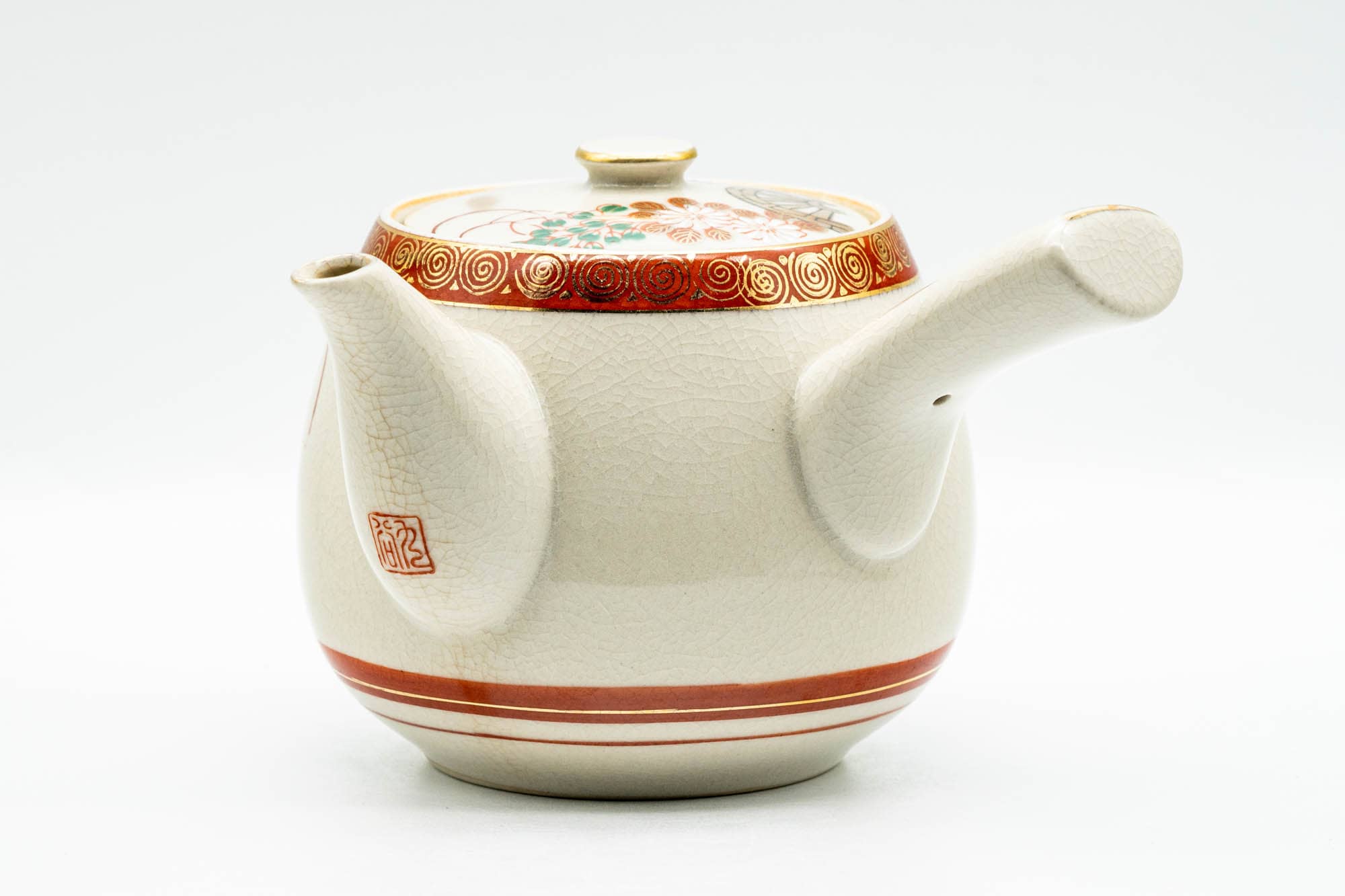 Japanese Kyusu - Red Gold White Chrysanthemums Kutani-yaki Debeso Teapot - 550ml