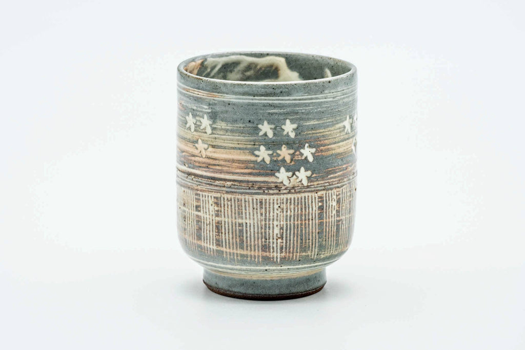 Japanese Teacup - Grey White Floral Engraved Kiyomizu-yaki Yunomi - 150ml
