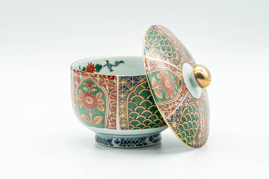 Japanese Teacup - Floral Geometric Gold Arita-yaki Lidded Yunomi - 140ml