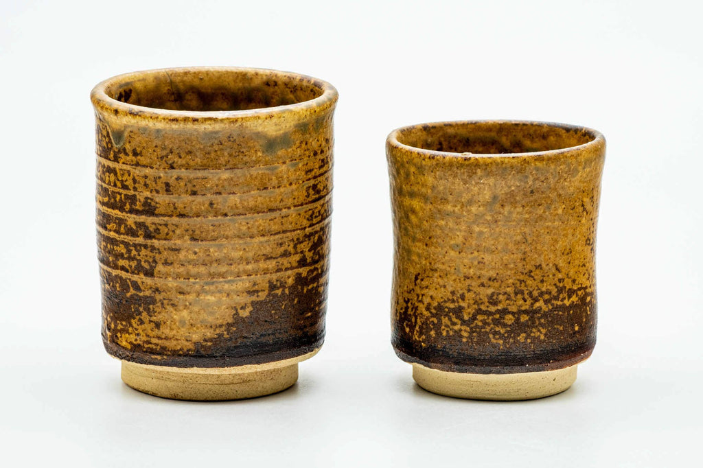 Japanese Teacups - Pair of Brown Yellow Drip-Glazed Meoto Yunomi
