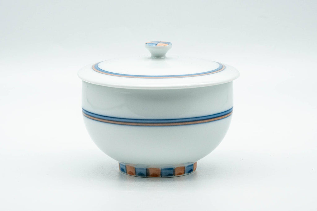 Japanese Teacup - Blue Orange Geometric Patterned Arita-yaki Lidded Yunomi - 140ml