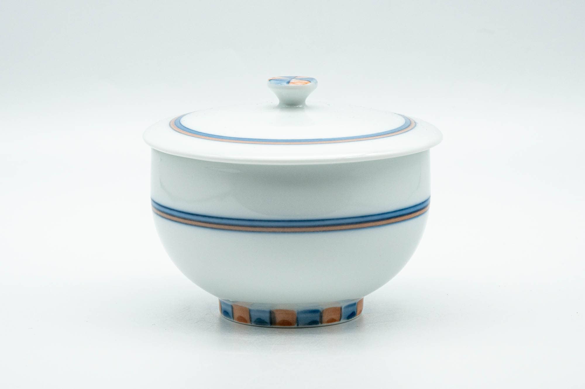 Japanese Teacup - Blue Orange Geometric Patterned Arita-yaki Lidded Yunomi - 140ml
