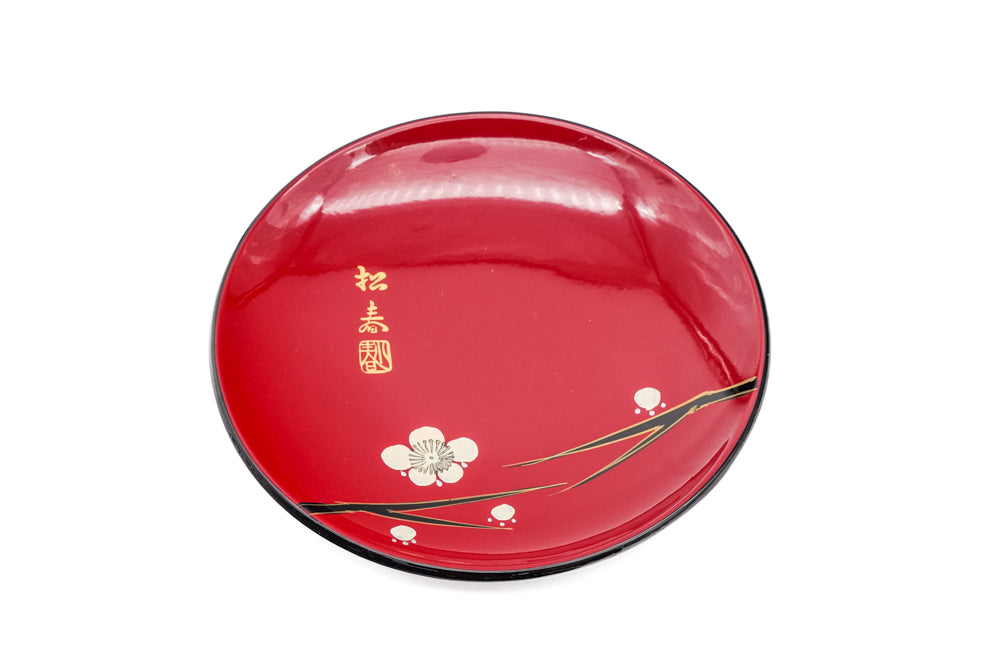 Japanese Chataku - Set of 5 Floral Black Red Lacquer Serving Saucers