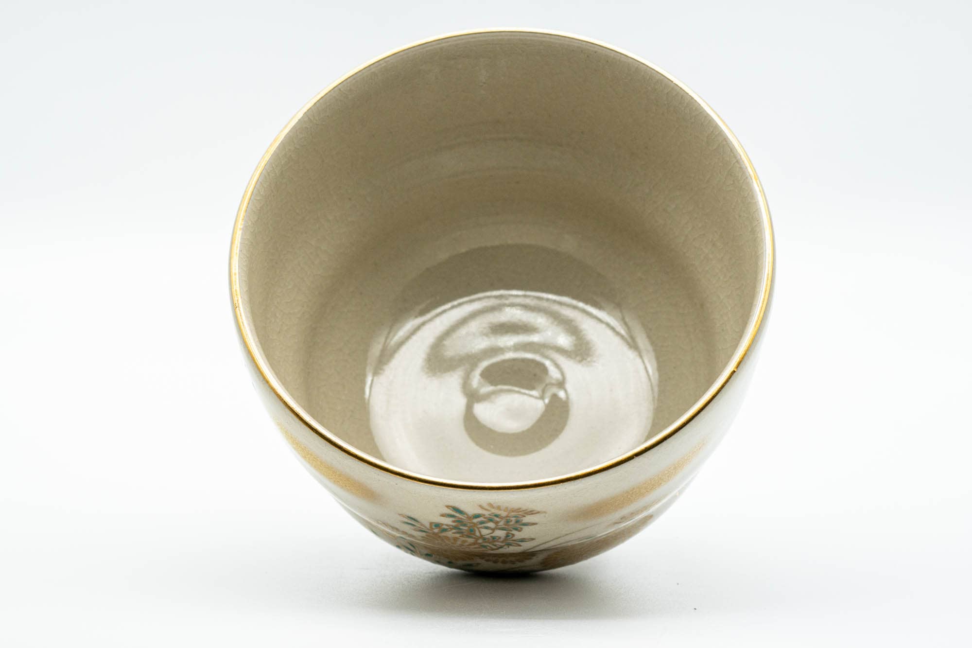 Japanese Matcha Bowl - Gold Green Floral Kutani-yaki Chawan - 350ml