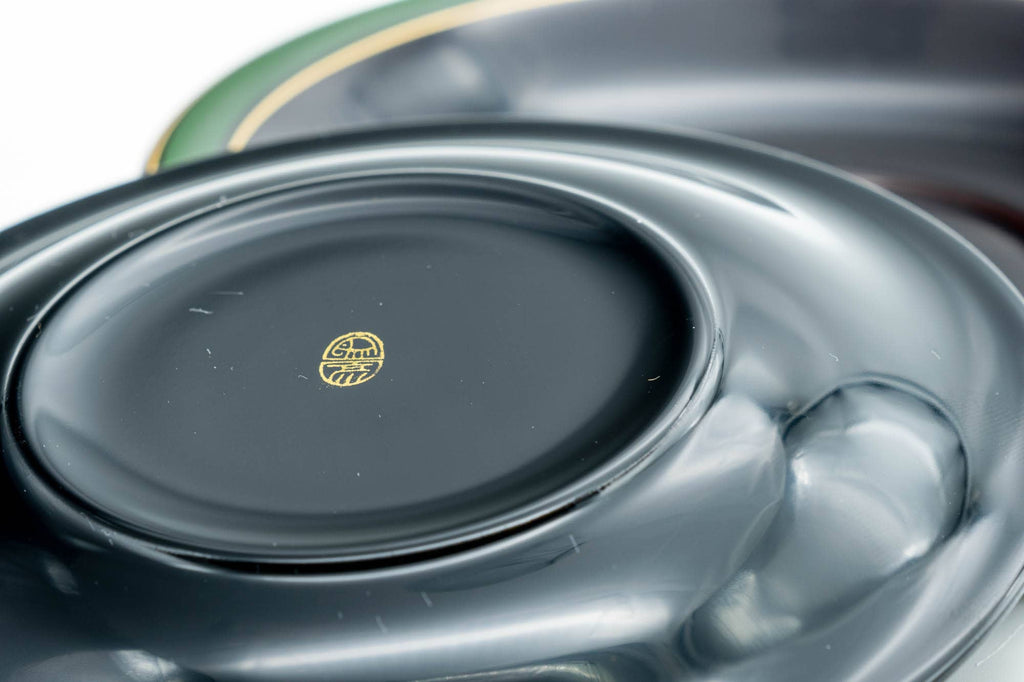 Japanese Chataku - Set of 3 Green Trim Black Lacquer Tea Saucers