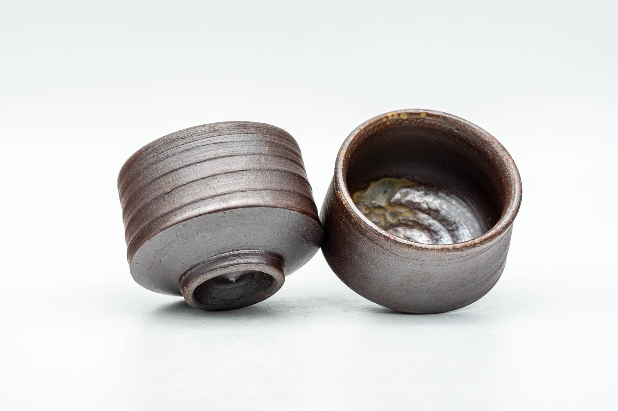 Japanese Teacups - Pair of Brown Spiraling Stoneware Guinomi - 40ml