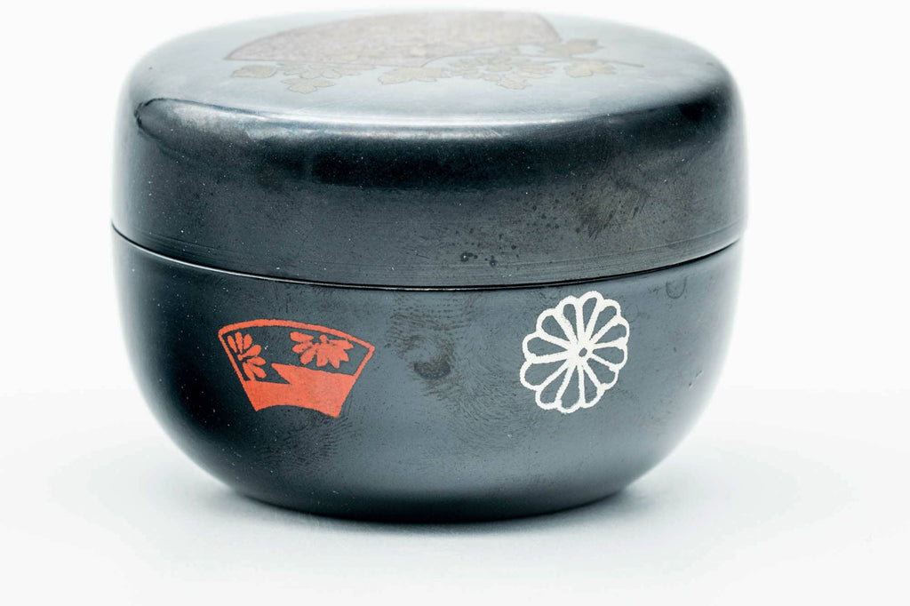 Japanese Natsume - Floral Painted Black Lacquered Matcha Tea Caddy - 70ml