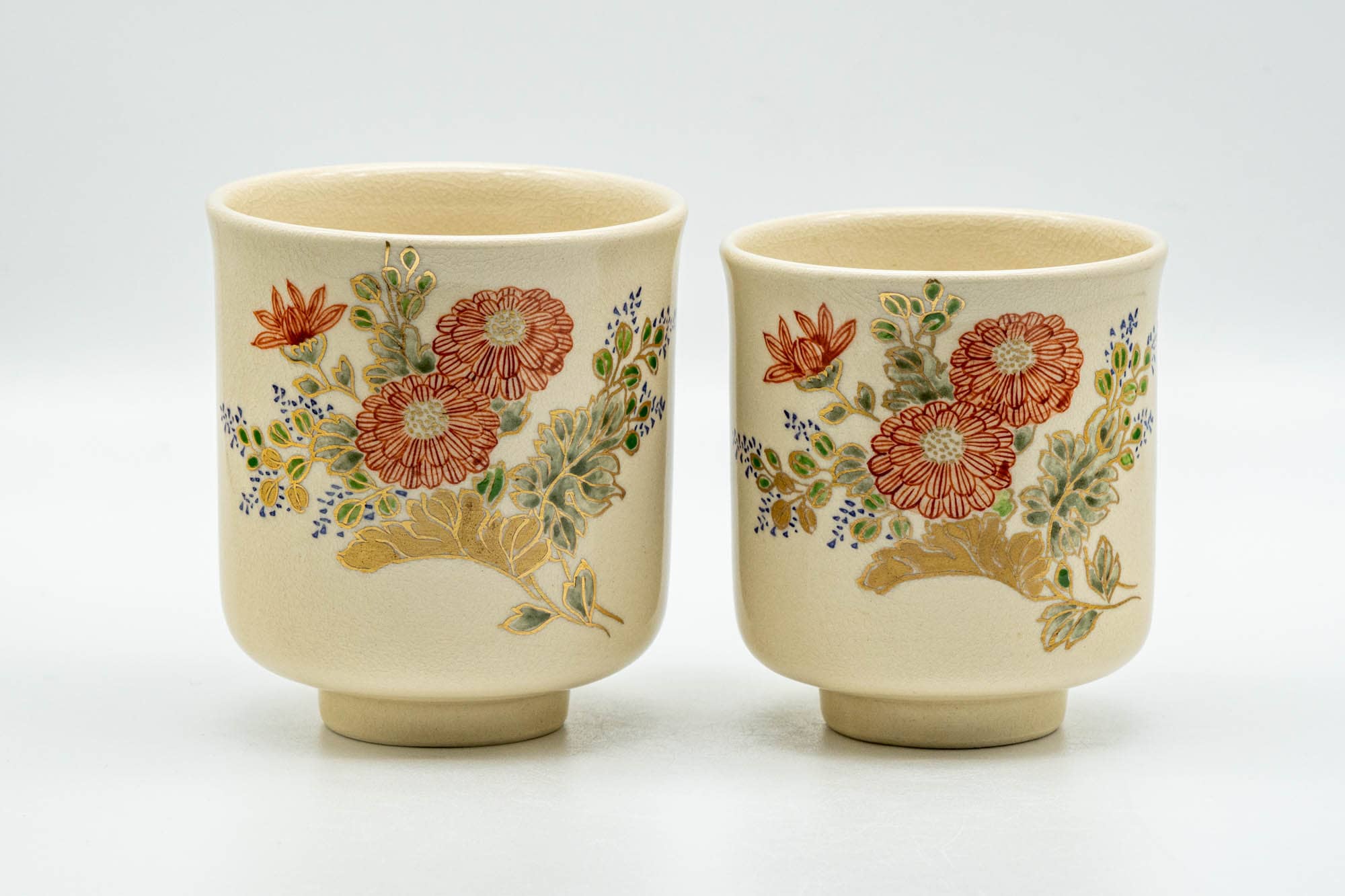 Japanese Teacups - Pair of Floral Beige Glazed Kutani-yaki Lidded Meoto Yunomi