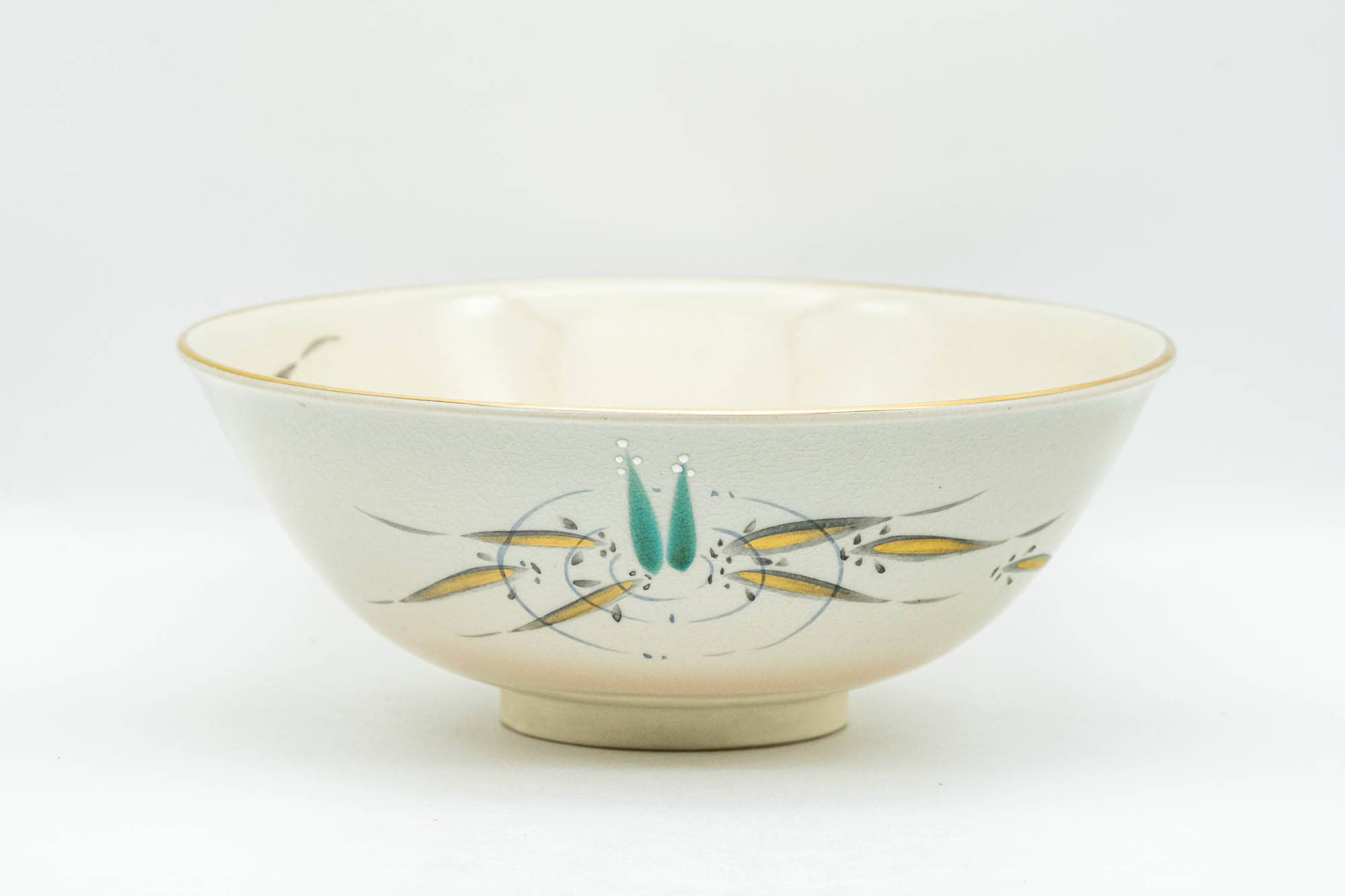 Japanese Matcha Bowl - Beige Gold Pond Leaves Kyo-yaki Summer Chawan - Juraku  寿楽 - 200ml