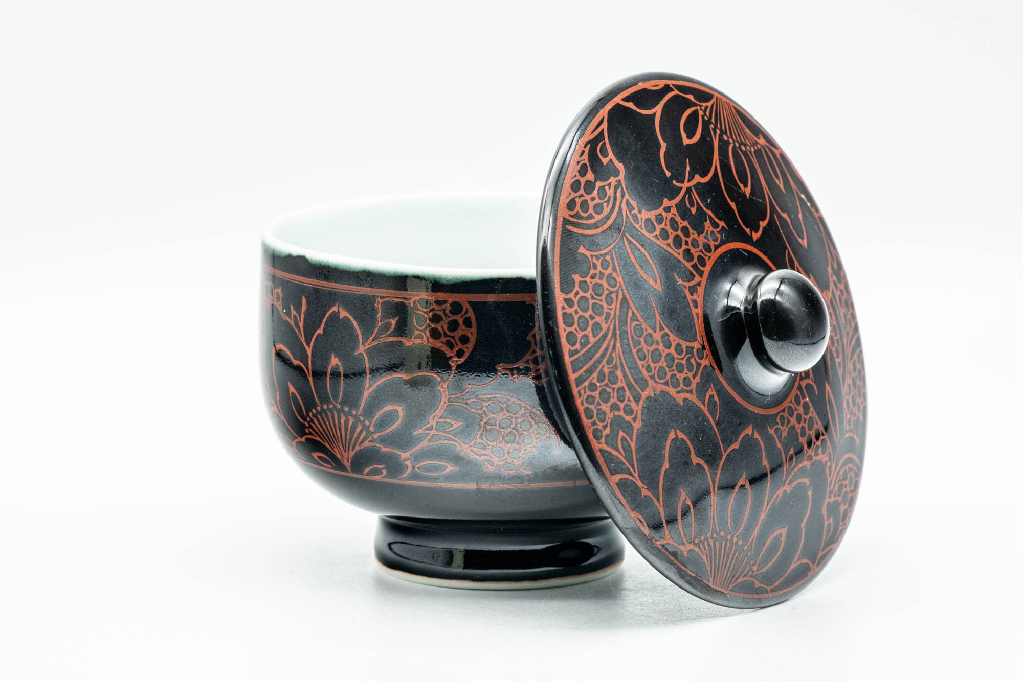 Japanese Teacup - Black Red Floral White Inner Glazed Arita-yaki Lidded Yunomi - 170ml