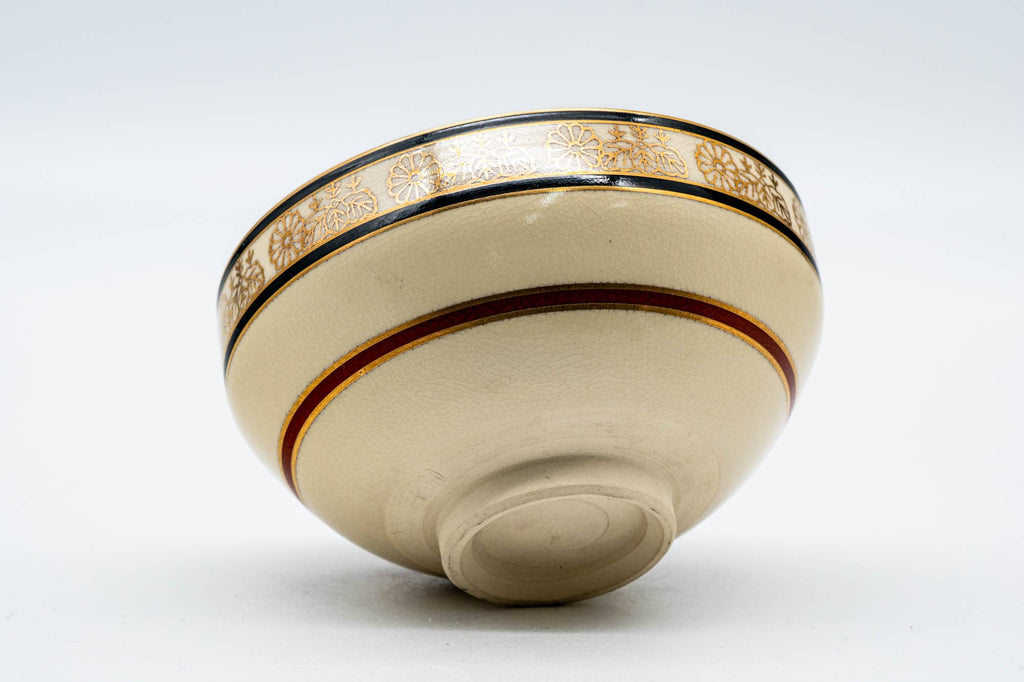 Japanese Matcha Bowl - Beige Floral Striped Kyo-yaki Chawan - 200ml