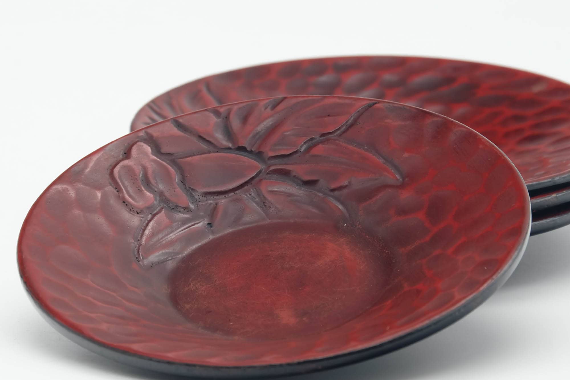 Japanese Chataku - Set of 4 Floral Scaled Red Lacquer Tea Coasters