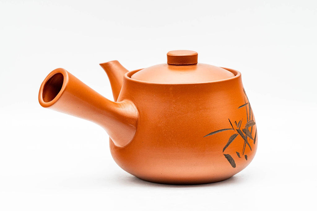 Japanese Kyusu - Bamboo Engraved Red Shudei Tokoname-yaki Ceramic Filter Teapot - 315ml