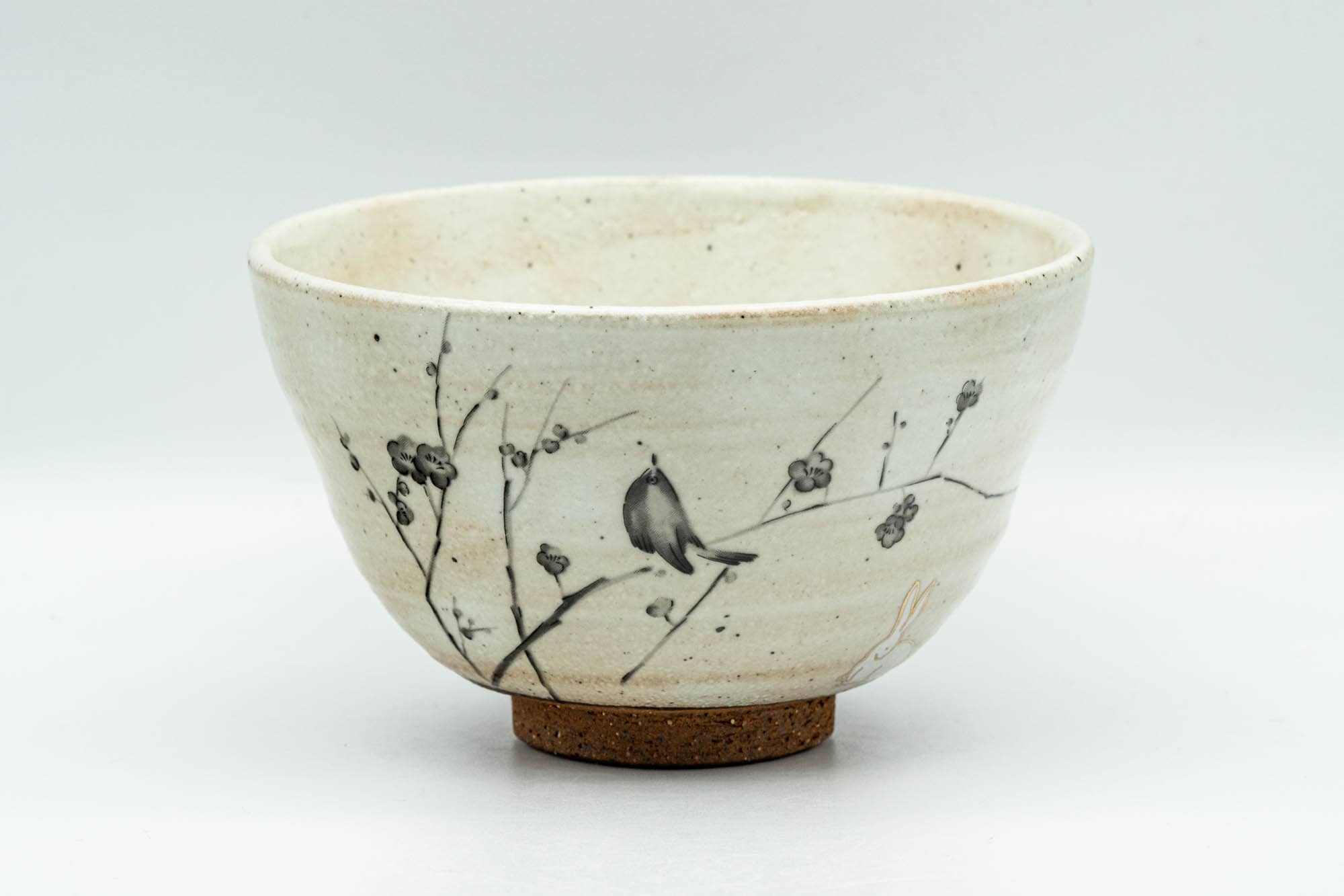 Japanese Matcha Bowl - Bunny Rabbit Plum Blossoms Milky White Glazed Chawan - 300ml