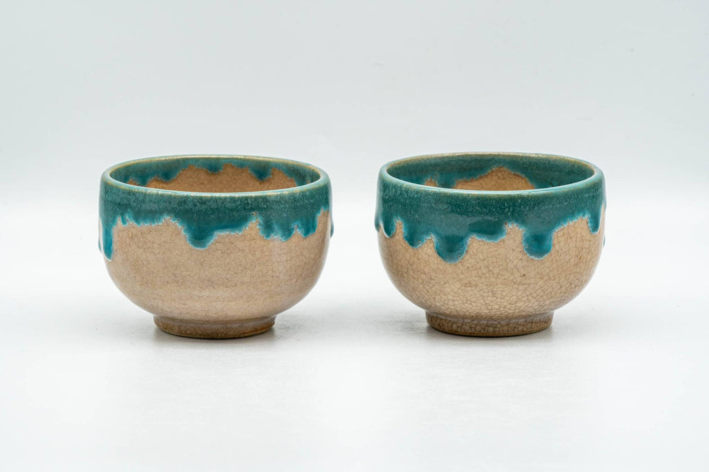 Japanese Teacups - Pair of Turquoise Drip-Glazed Agano-yaki Yunomi - 85ml