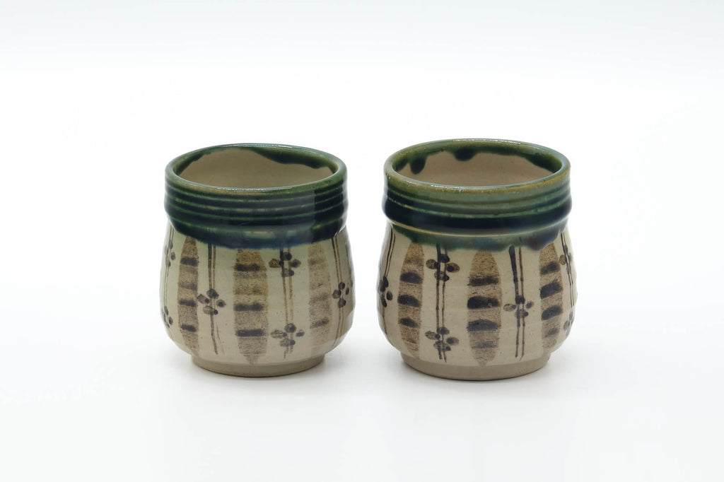 Japanese Teacups - Pair of Floral Oribe-yaki Meoto Yunomi - 150ml