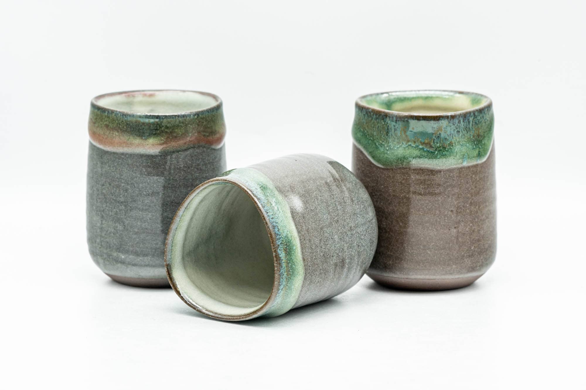 Japanese Teacup - Set of 3 Triangular-Shaped Green Drip-Glazed Yunomi - 90ml