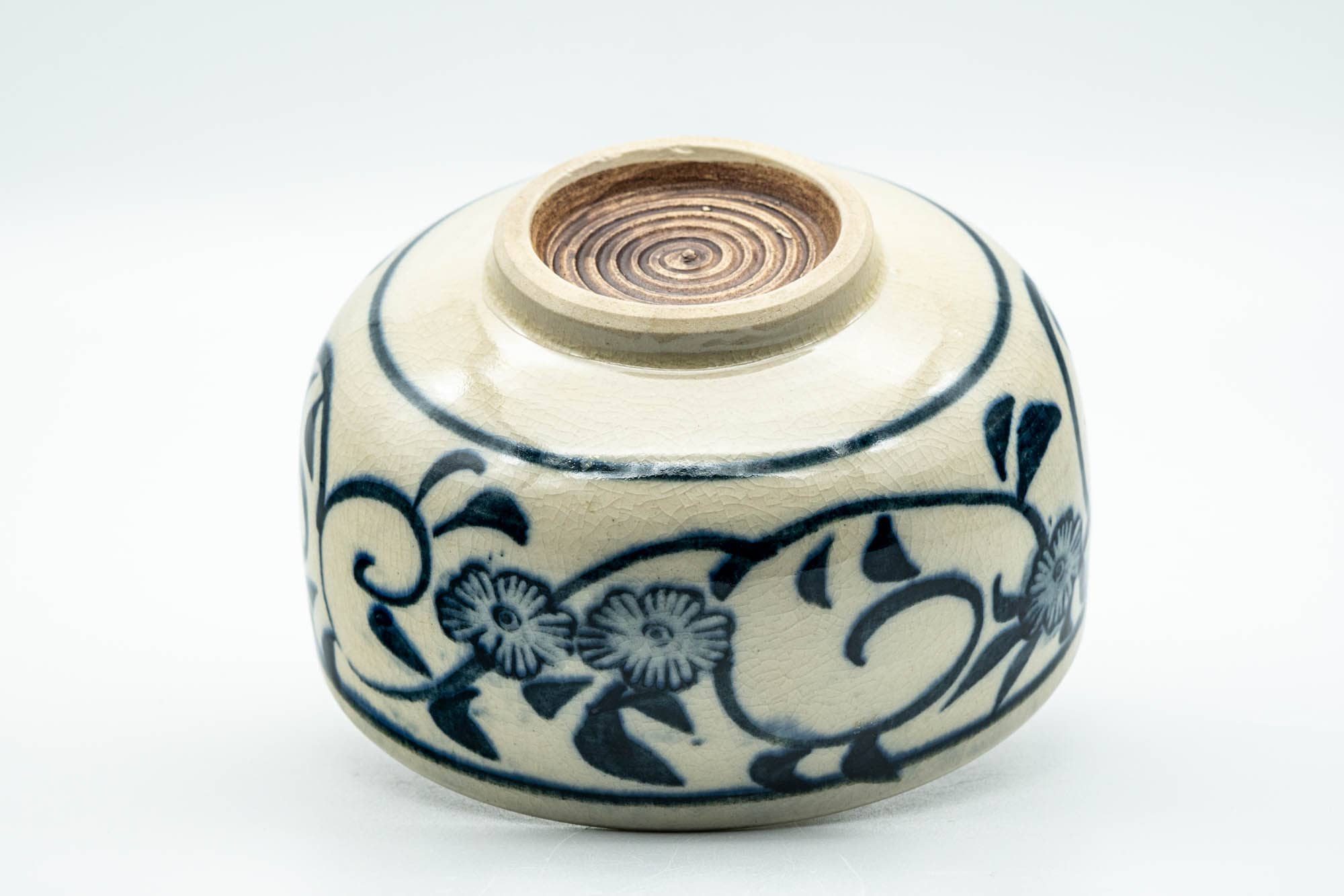 Japanese Matcha Bowl - Blue Floral Geometric Hantsutsu-gata Chawan - 350ml