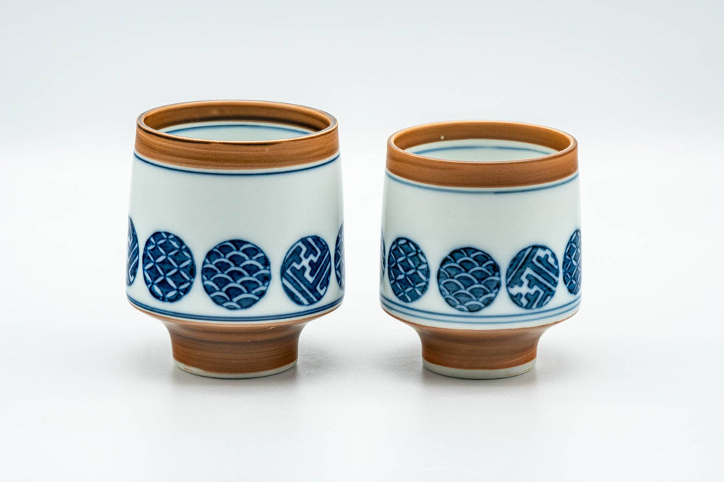 Japanese Teacups - Pair of Blue Orange Geometric Arita-yaki Meoto Yunomi
