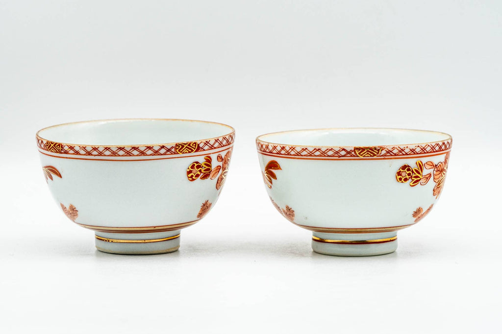 Japanese Teacups - Pair of Red Floral Kutani-yaki Yunomi - 70ml