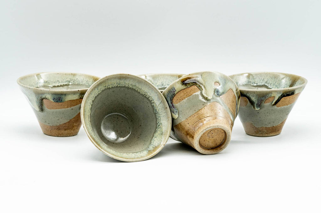 Japanese Tea Set - Hare's Fur Drip-Glazed Akogi-yaki Shiboridashi Teapot with 5 Guinomi Teacups