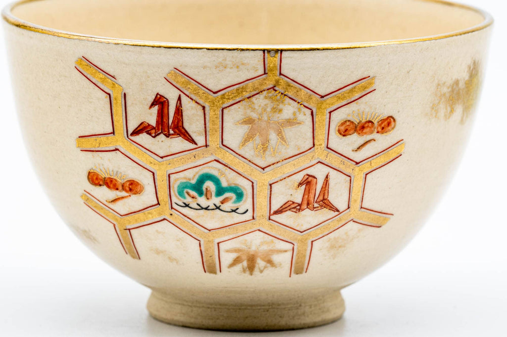 Japanese Matcha Bowl - Gold Geometric Origami Kyo-yaki Chawan - 250ml