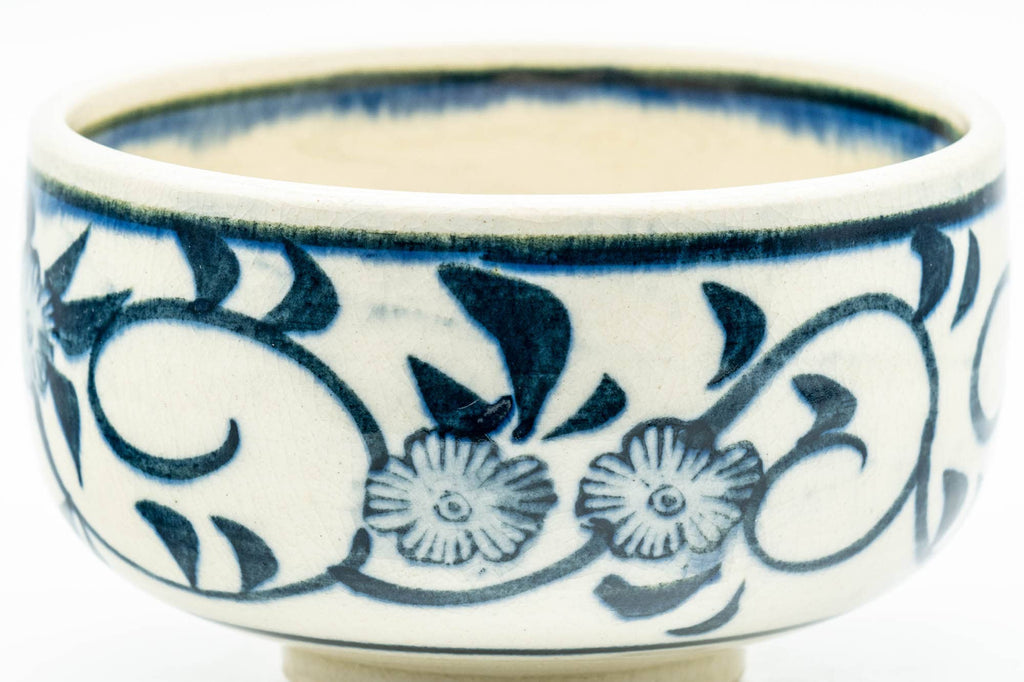 Japanese Matcha Bowl - Blue Floral Geometric Hantsutsu-gata Chawan - 350ml