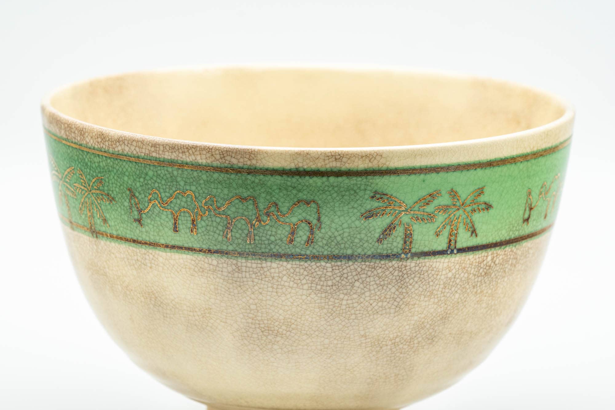 Japanese Matcha Bowl - Camel Green Palm Trees Kyo-yaki Chawan - 350ml