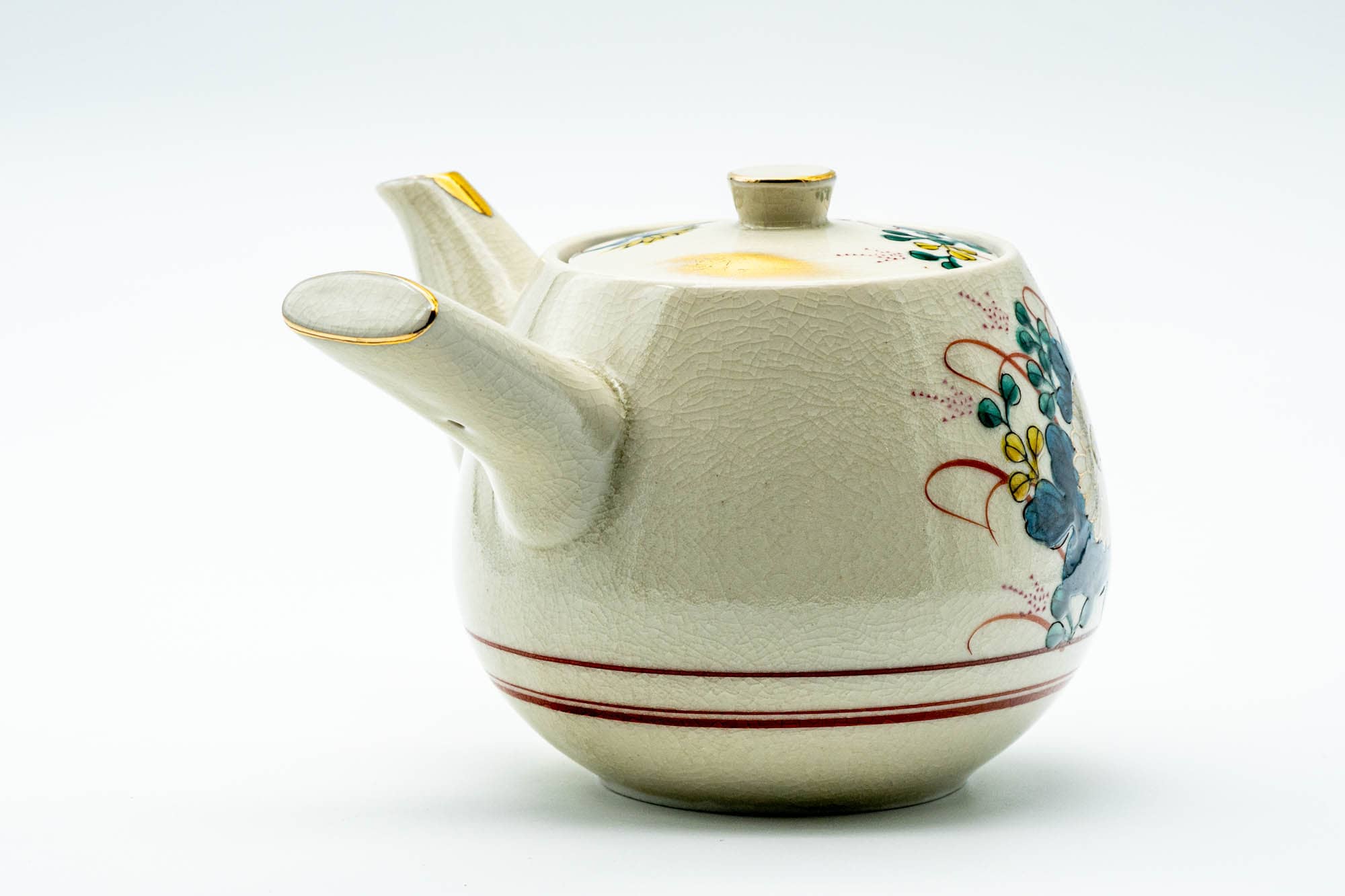 Japanese Tea Set - Beige Blue Floral Kutani-yaki Kyusu Teapot with 5 Yunomi Teacups