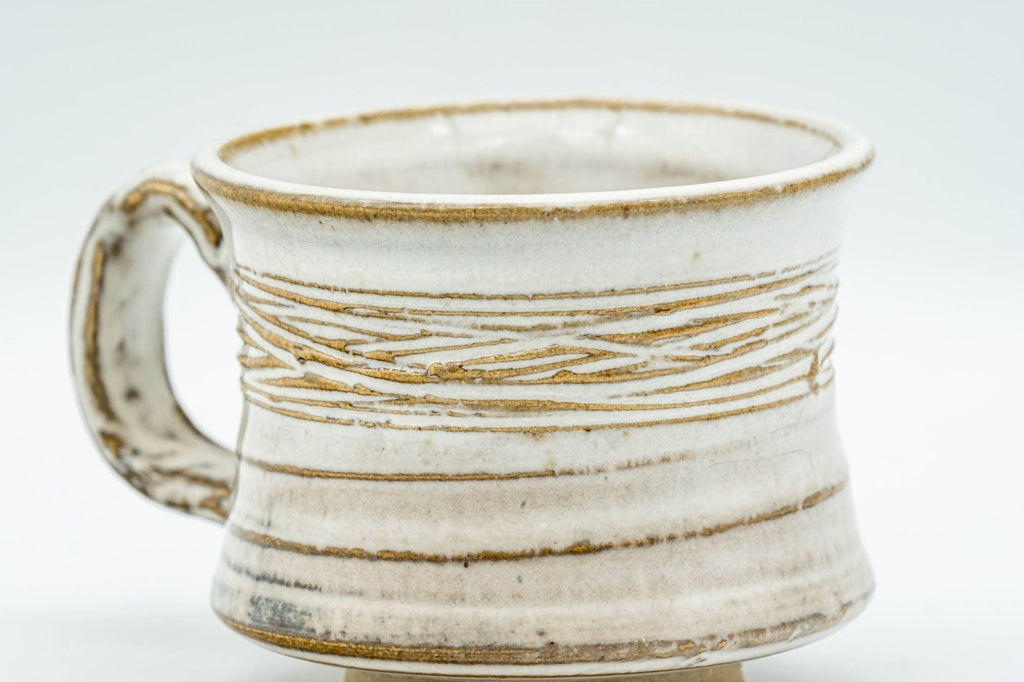 Japanese Teacup - Carved Exterior White Glazed Rear-Handled Ushirode Yunomi - 110ml