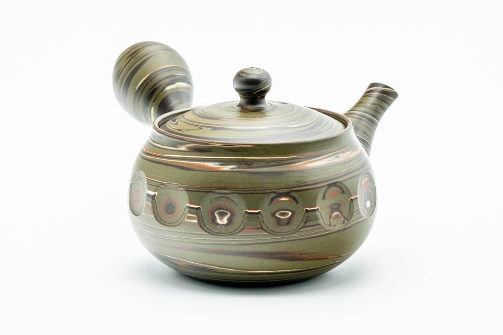 Japanese Kyusu - Carved Green Marbled Nerikomi Tokoname-yaki Mesh Teapot - 300ml
