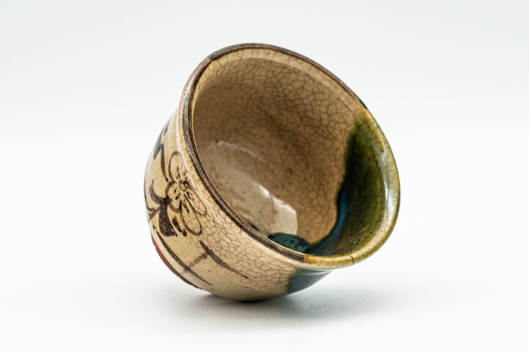 Japanese Teacup - Floral Geometric Green Drip-Glazed Oribe-yaki Guinomi - 50ml