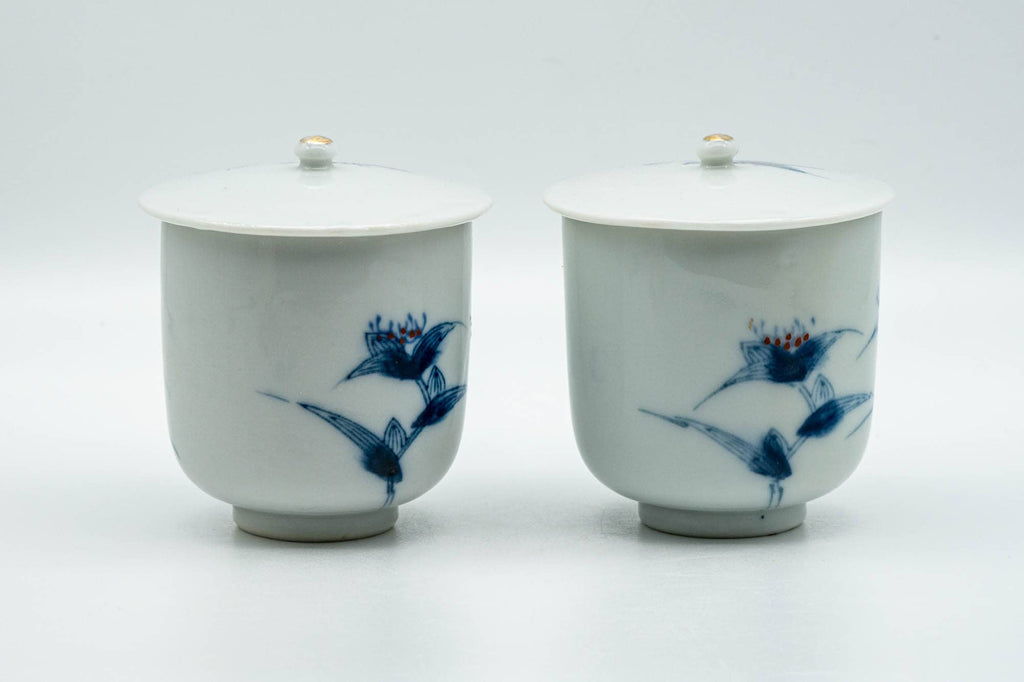 Japanese Teacups - Pair of Blue Floral Arita-yaki Lidded Yunomi - 100ml