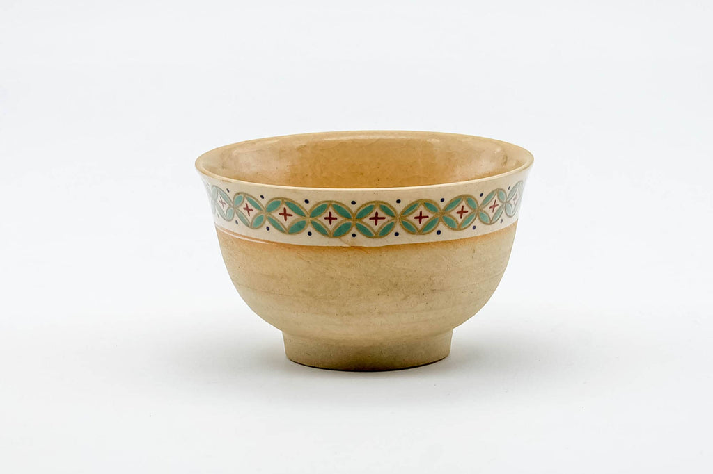 Japanese Teacups - Set of 3 Beige Green Patterned Kiyomizu-yaki Yunomi - 125ml