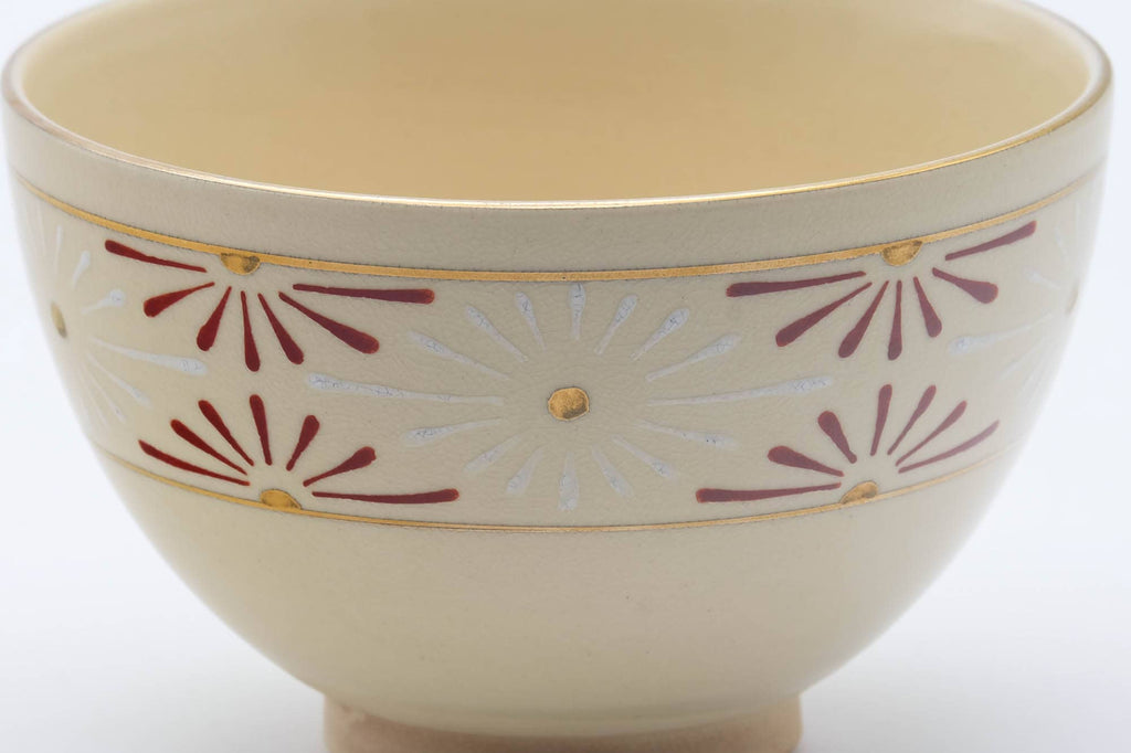 Japanese Matcha Bowl - Red White Geometric Beige Glazed Kyo-yaki Chawan - 400ml