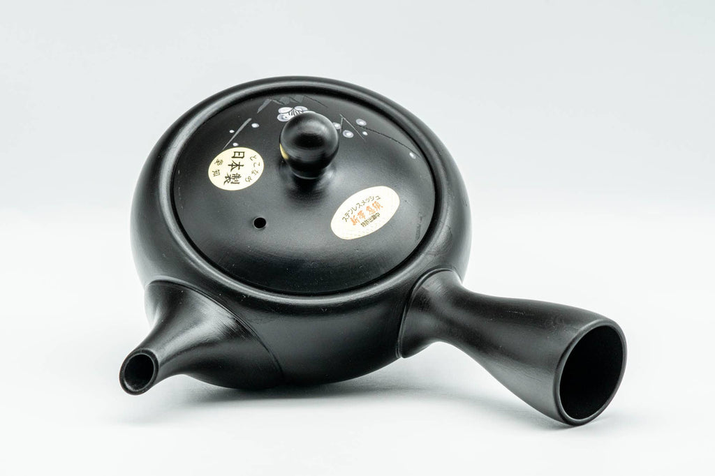 Japanese Kyusu - Floral Engraved Black Kurodei Tokoname-yaki Obi-ami Teapot - 300ml