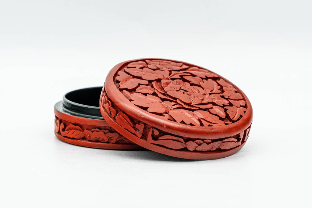 Japanese Kogo - Carved Camellia Red Black Lacquer Incense Container