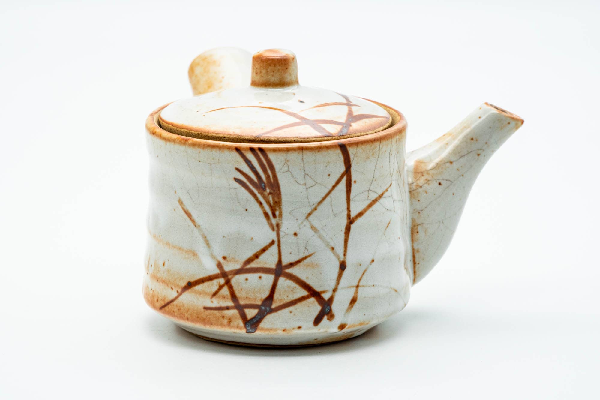 Japanese Tea Set - Orange Shino Glazed Mino-yaki Kyusu Teapot with Two Yunomi Teacups