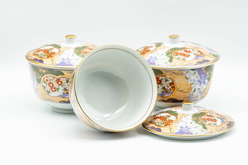 Japanese Tea Set - Floral Arita-yaki Dobin Teapot with 3 Lidded Yunomi Teacups