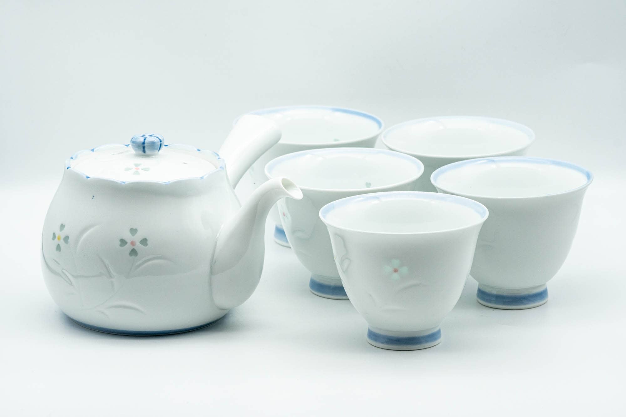 Japanese Tea Set - Floral White Arita-yaki Porcelain Kyusu Teapot with 5 Yunomi Teacups